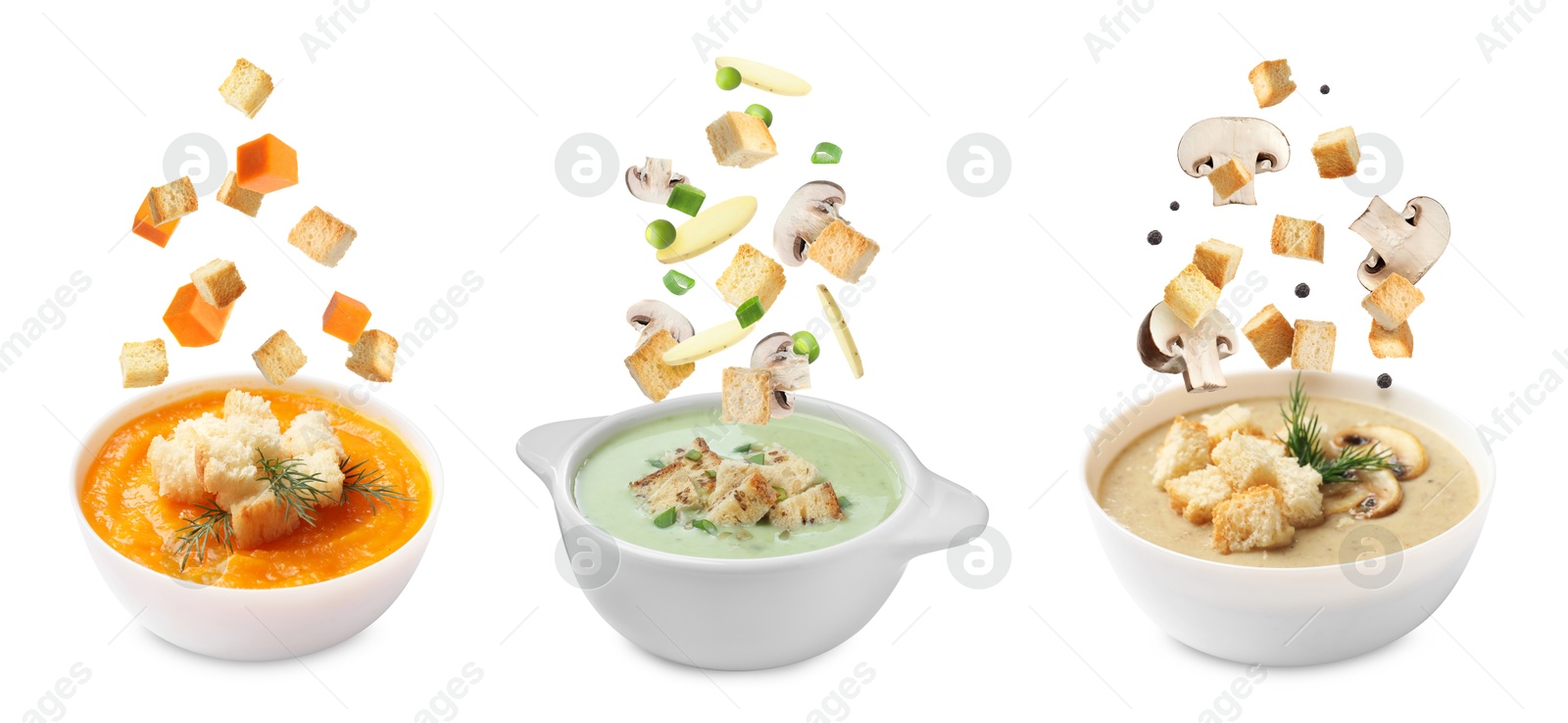 Image of Croutons falling into bowls of soups against white background, set