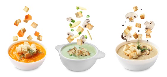 Image of Croutons falling into bowls of soups against white background, set