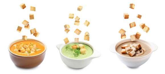 Image of Croutons falling into bowls of soups against white background, set