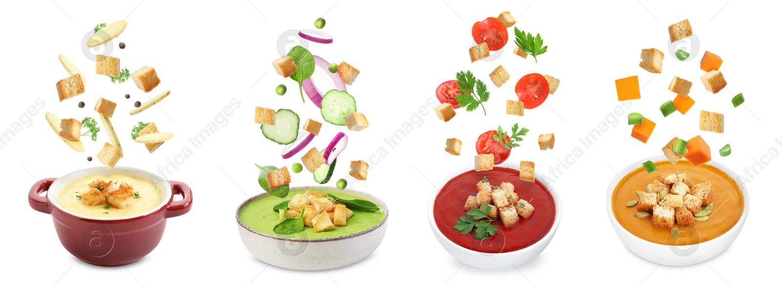 Image of Croutons falling into bowls of soups against white background, set
