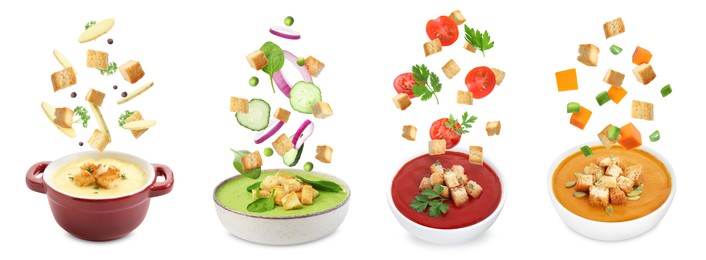 Image of Croutons falling into bowls of soups against white background, set