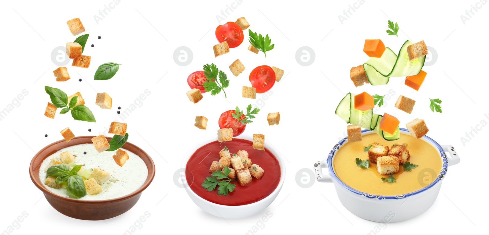 Croutons falling into bowls of soups against white background, set Image of Croutons falling into bowls of soups against white background, set