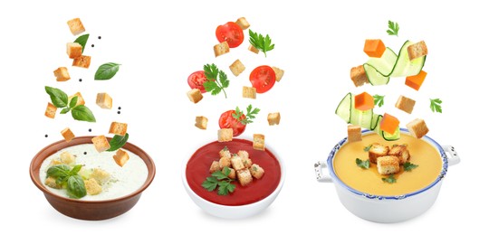 Image of Croutons falling into bowls of soups against white background, set