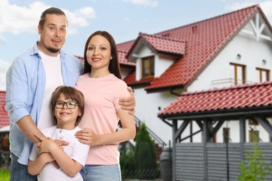 Image of Family with kid near their house outdoors