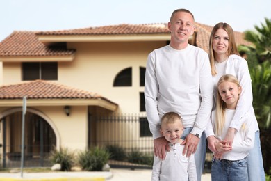 Image of Family with two kids near their house outdoors