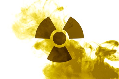 Image of Radioactive sign and yellow toxic smoke against white background