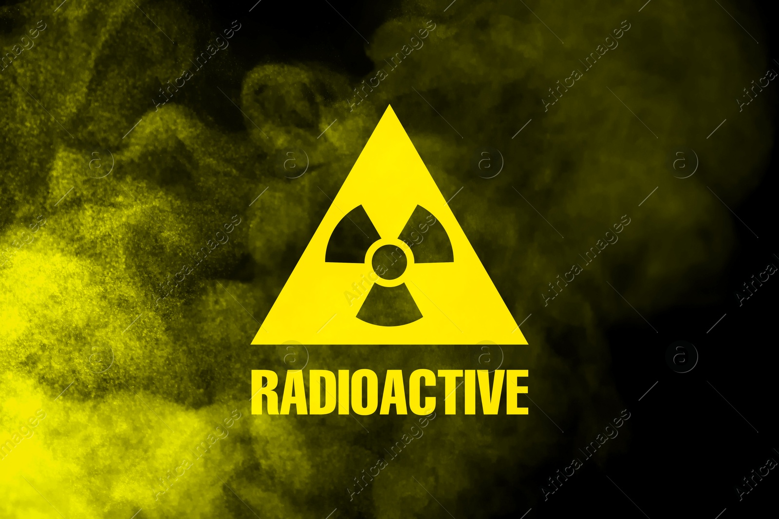 Image of Radioactive sign and yellow toxic smoke against black background