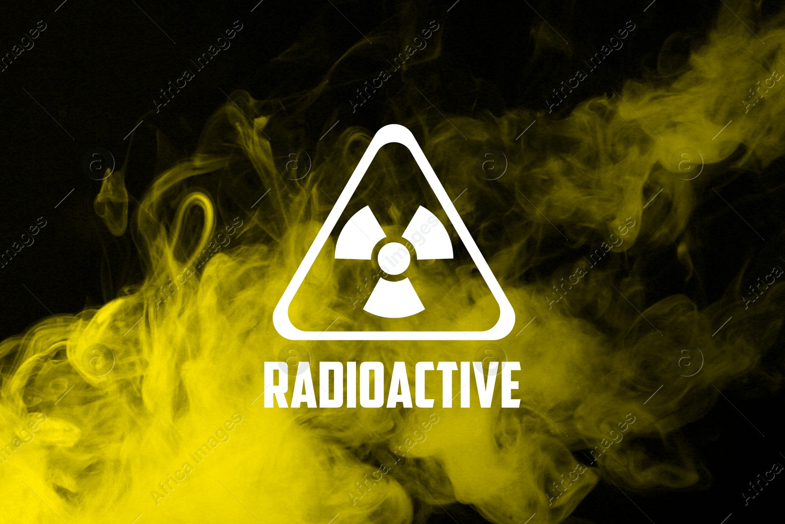 Image of Radioactive sign and yellow toxic smoke against black background