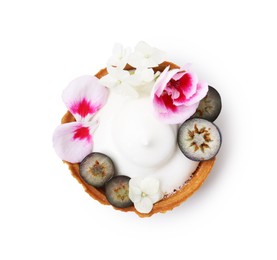 Photo of Delicious dessert. Tartlet with cream, berries and flowers isolated on white, top view