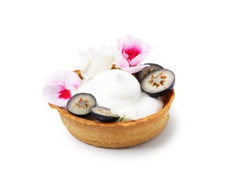 Photo of Delicious dessert. Tartlet with cream, berries and flowers isolated on white