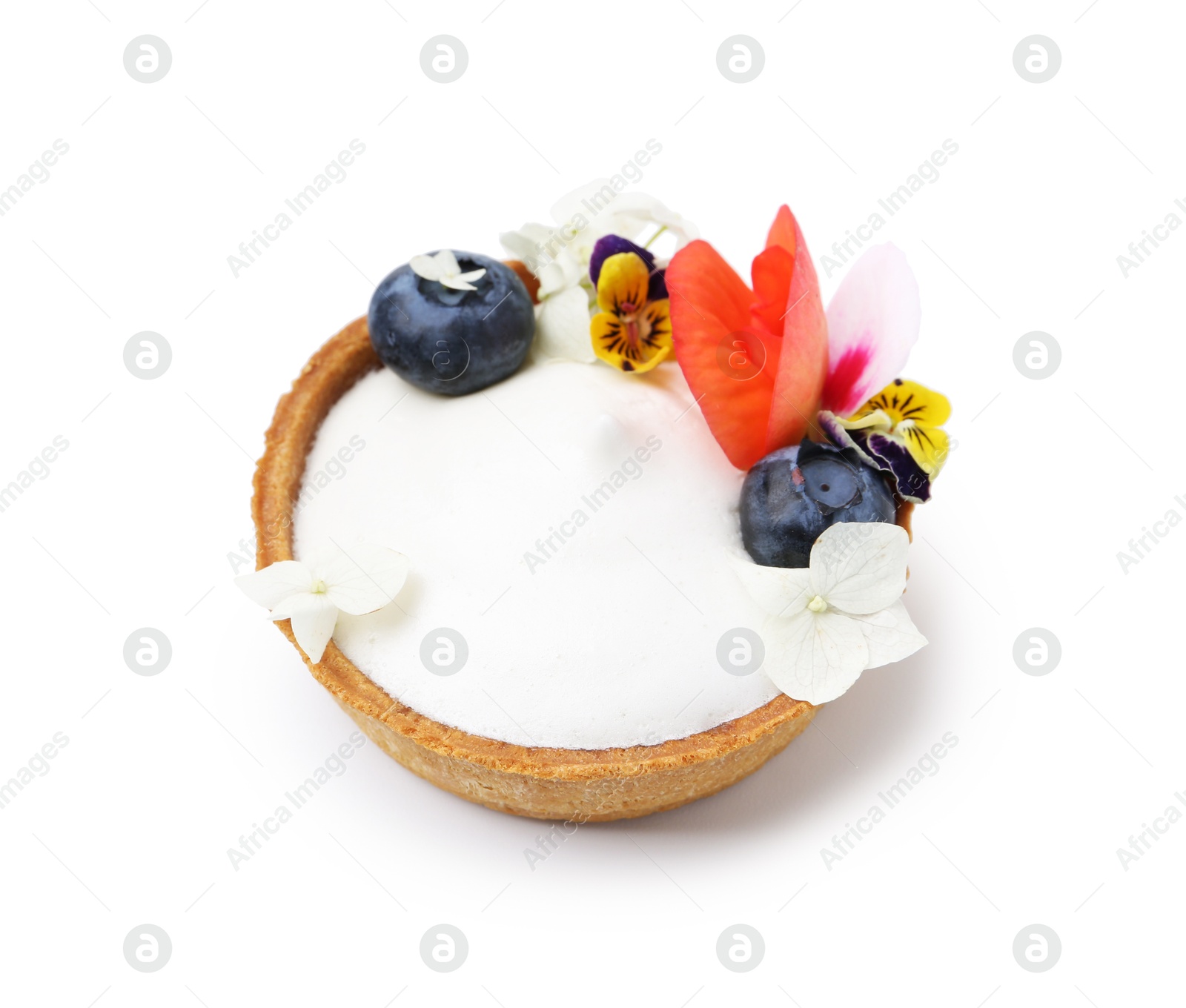 Delicious dessert. Tartlet with cream, berries and flowers isolated on white Photo of Delicious dessert. Tartlet with cream, berries and flowers isolated on white