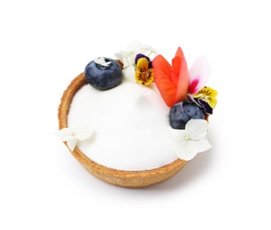 Photo of Delicious dessert. Tartlet with cream, berries and flowers isolated on white