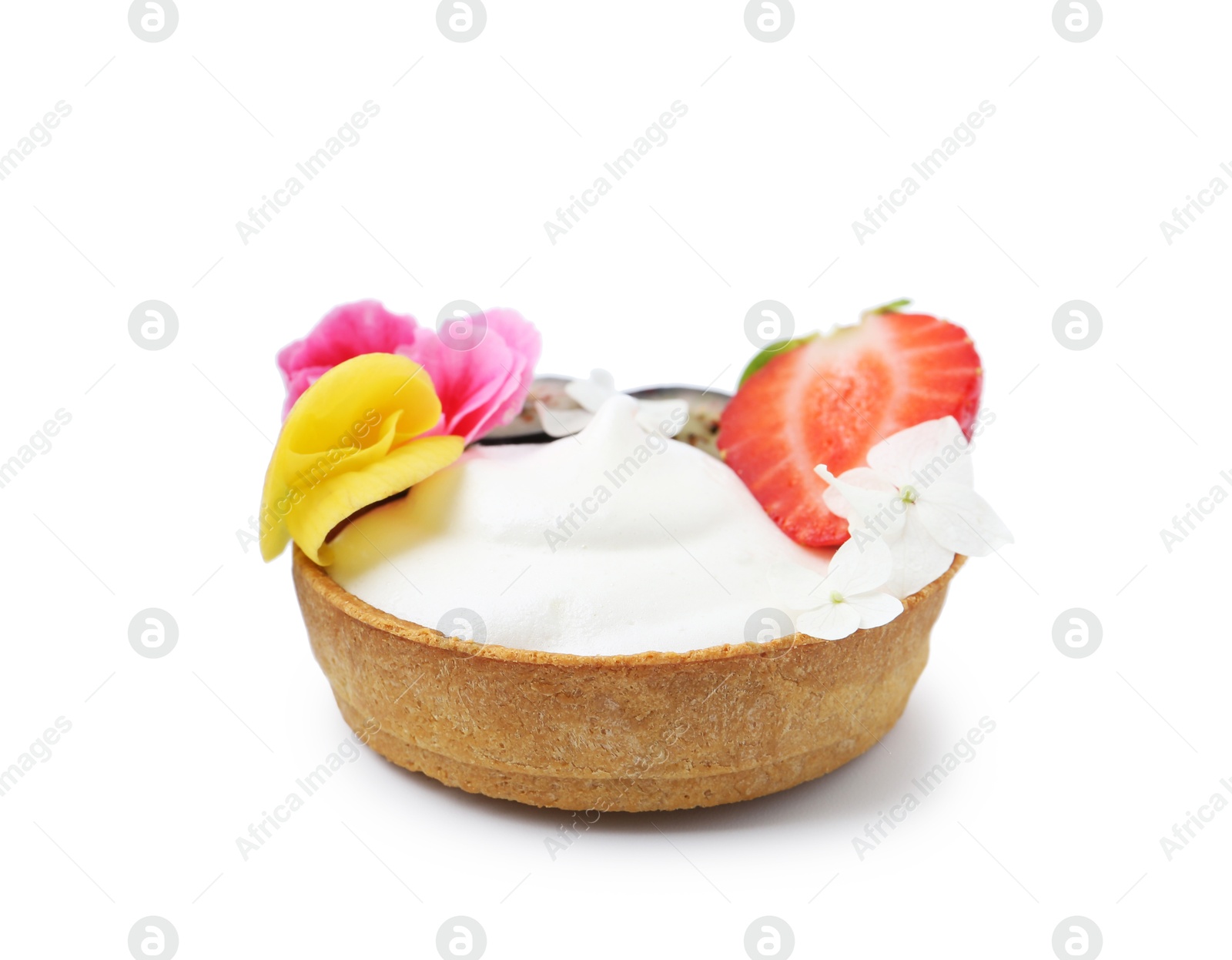 Delicious dessert. Tartlet with cream, berries and flowers isolated on white Photo of Delicious dessert. Tartlet with cream, berries and flowers isolated on white
