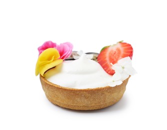 Photo of Delicious dessert. Tartlet with cream, berries and flowers isolated on white