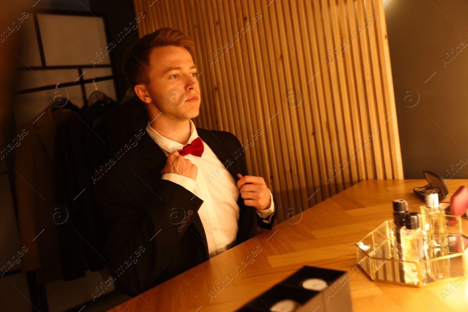 Man adjusting bow tie while getting ready at dressing table indoors Photo of Man adjusting bow tie while getting ready at dressing table indoors