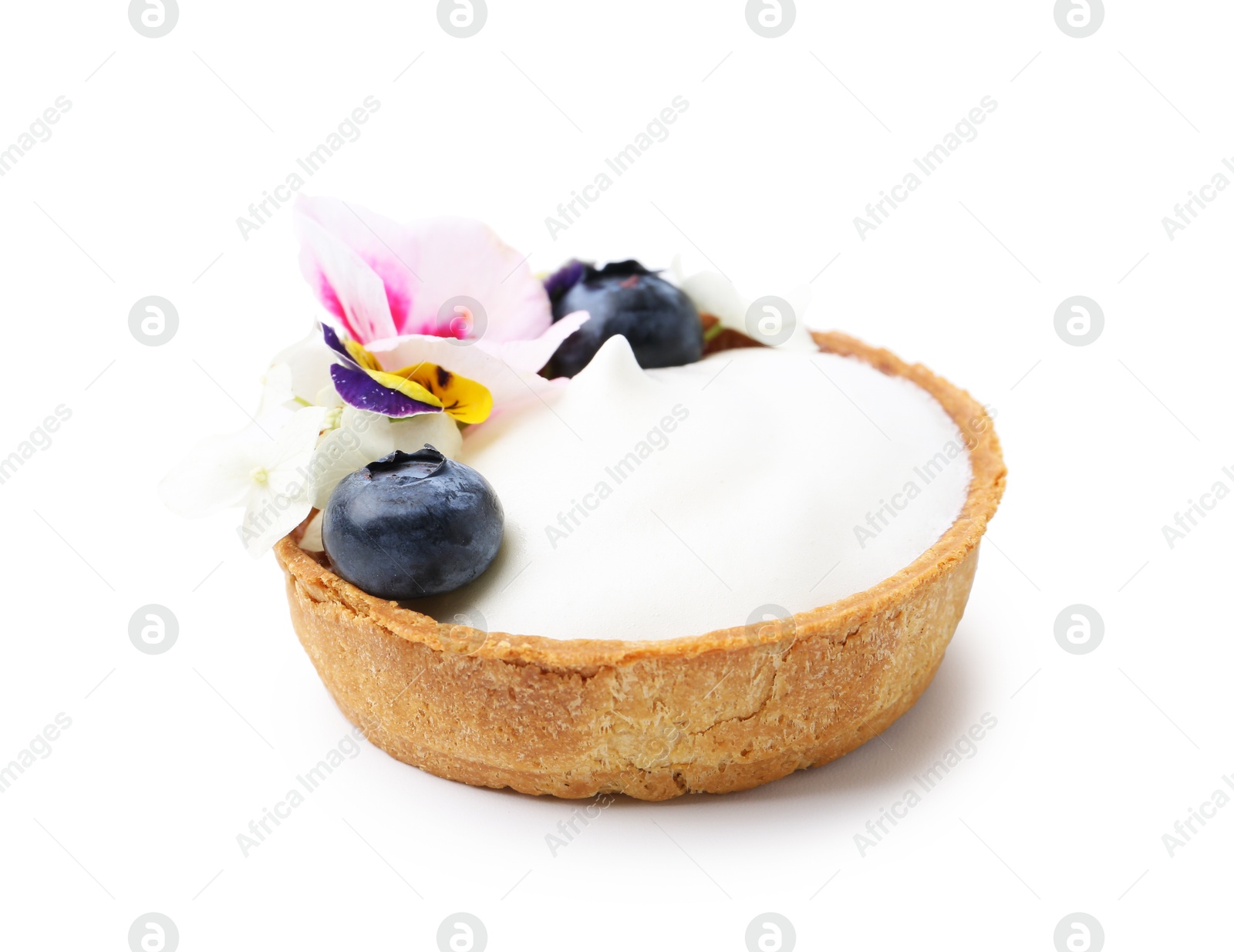 Delicious dessert. Tartlet with cream, berries and flowers isolated on white Photo of Delicious dessert. Tartlet with cream, berries and flowers isolated on white
