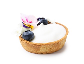 Photo of Delicious dessert. Tartlet with cream, berries and flowers isolated on white