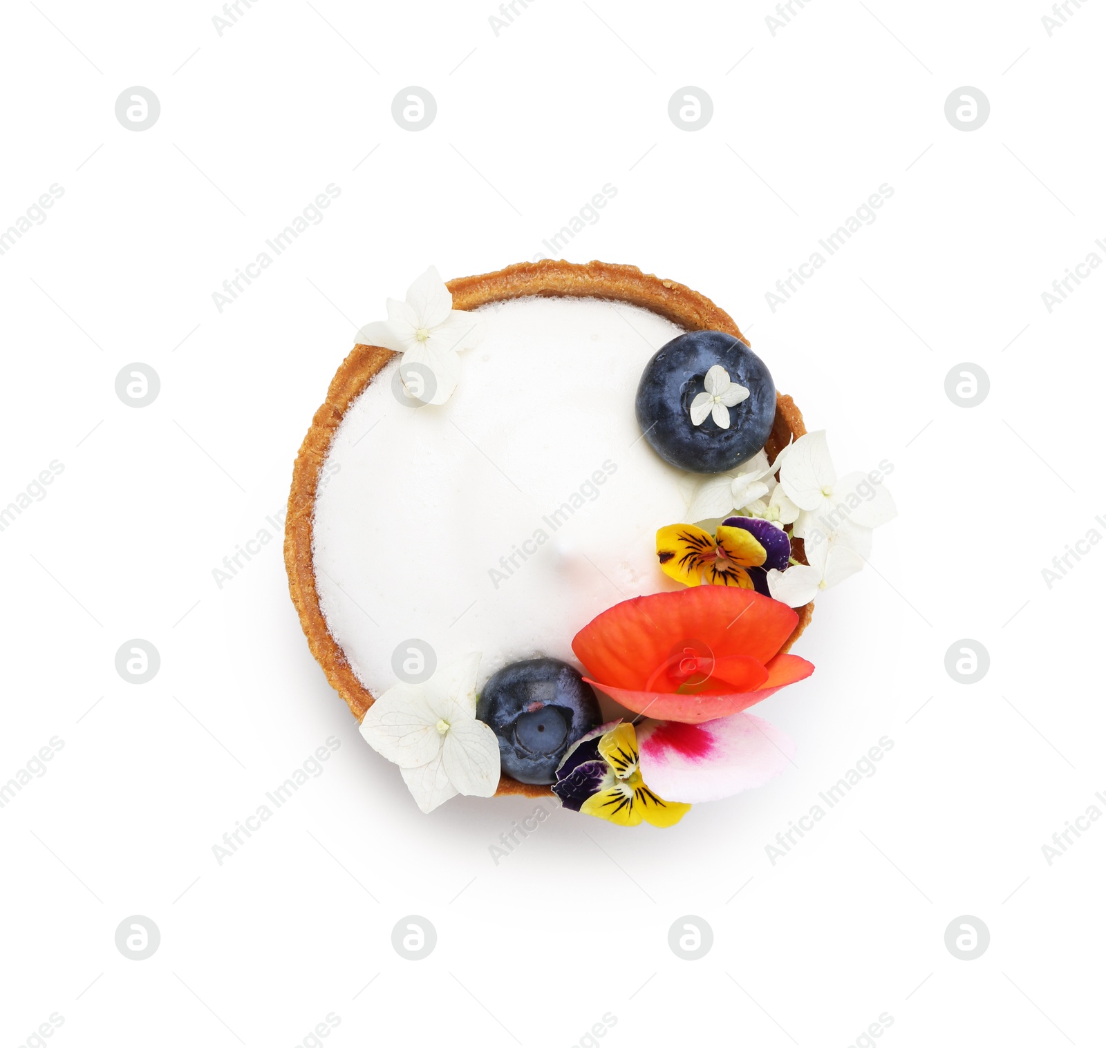 Delicious dessert. Tartlet with cream, berries and flowers isolated on white, top view Photo of Delicious dessert. Tartlet with cream, berries and flowers isolated on white, top view