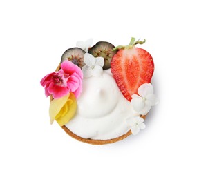 Photo of Delicious dessert. Tartlet with cream, berries and flowers isolated on white, top view