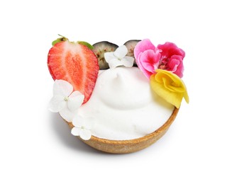 Photo of Delicious dessert. Tartlet with cream, berries and flowers isolated on white