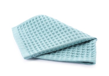 Photo of Clean light blue waffle towel isolated on white