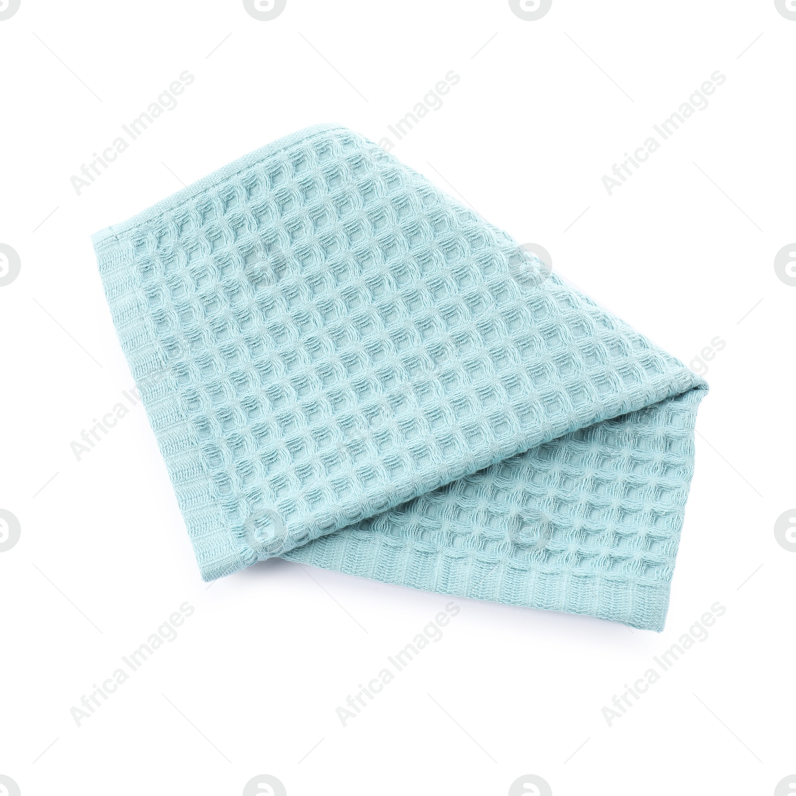 Photo of Clean light blue waffle towel isolated on white, top view