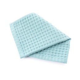 Photo of Clean light blue waffle towel isolated on white, top view