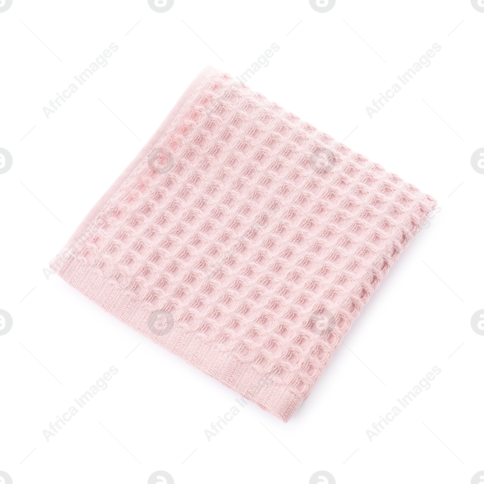 Photo of Clean pink waffle towel isolated on white, top view