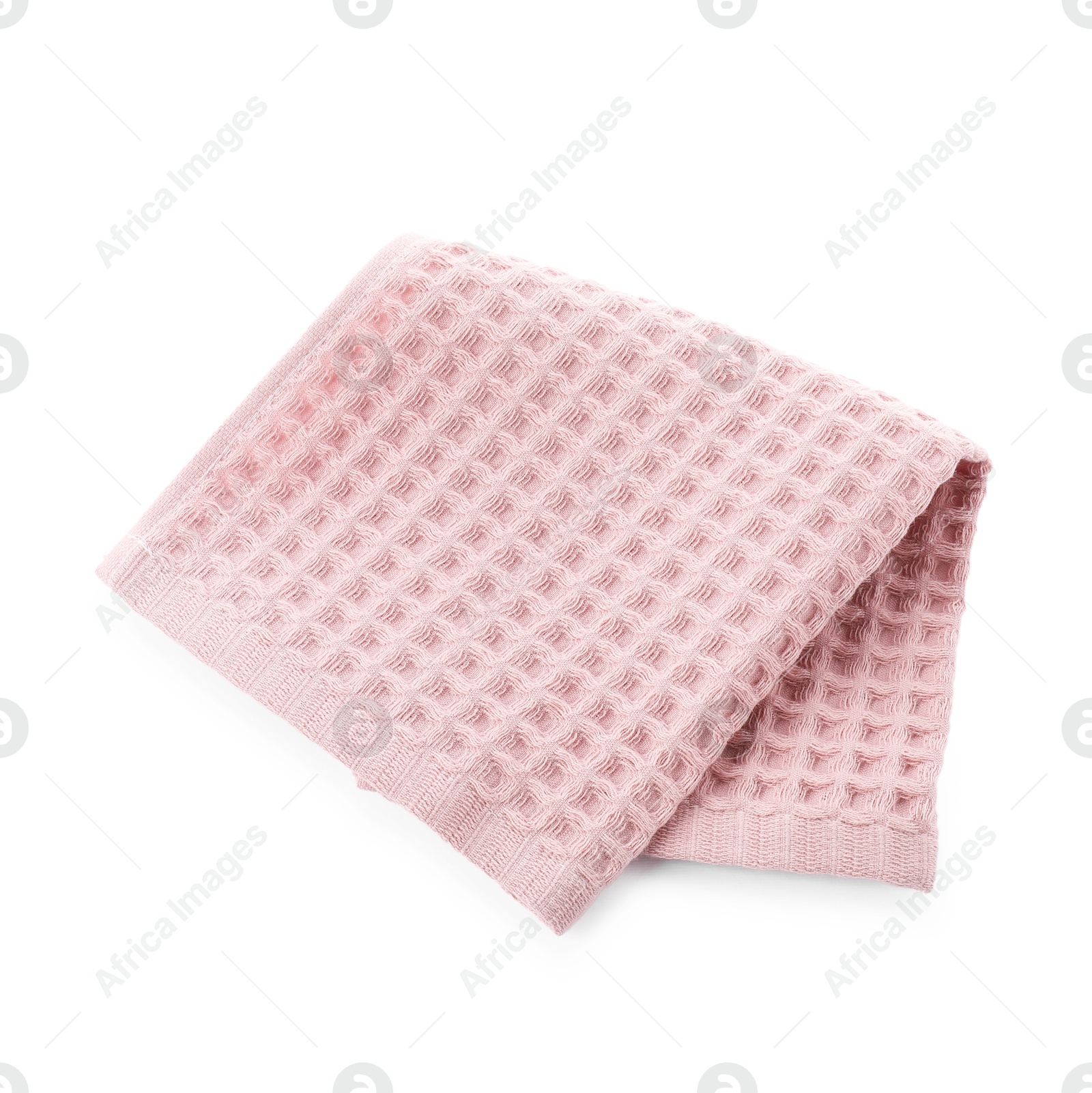 Photo of Clean pink waffle towel isolated on white, top view