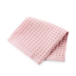 Photo of Clean pink waffle towel isolated on white, top view