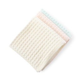 Photo of Clean stacked waffle towels isolated on white, top view