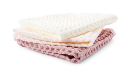 Photo of Clean colorful waffle towels isolated on white