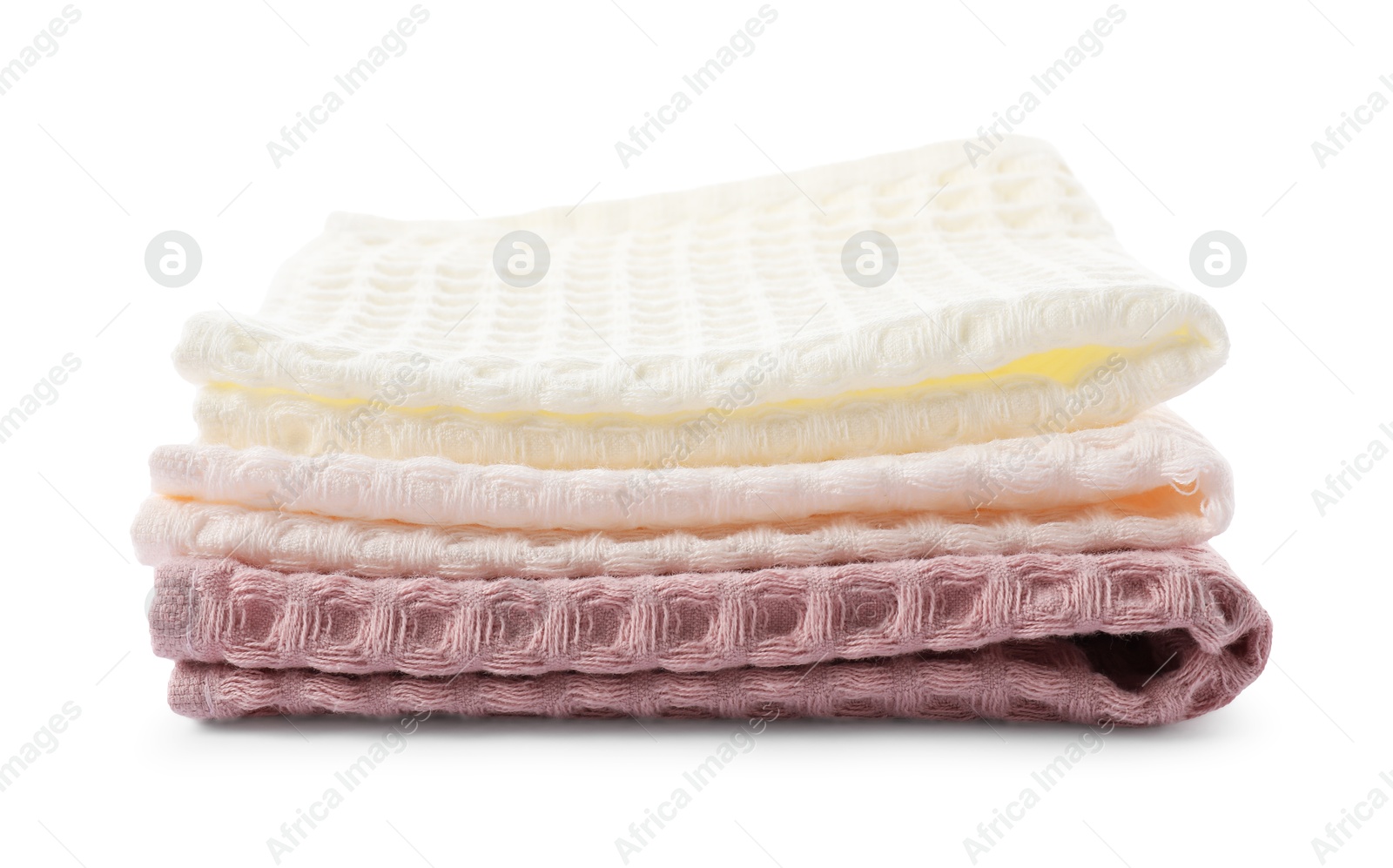 Photo of Clean colorful waffle towels isolated on white