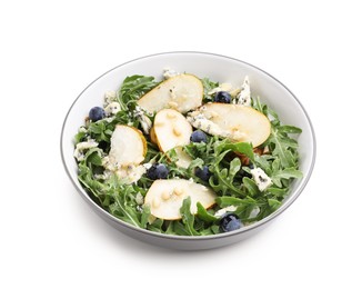 Photo of Tasty salad with arugula, pear, blue cheese, peanuts and blueberries in bowl isolated on white