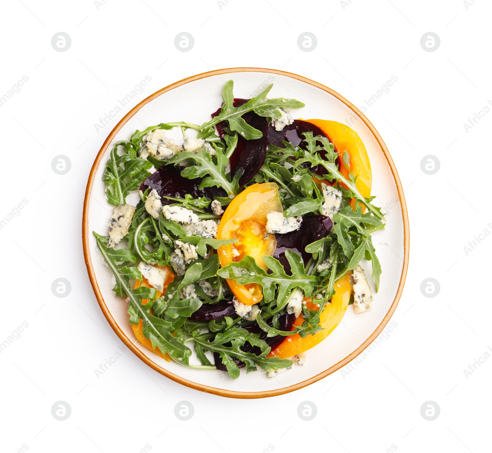 Tasty salad with arugula, blue cheese and vegetables isolated on white, top view Photo of Tasty salad with arugula, blue cheese and vegetables isolated on white, top view