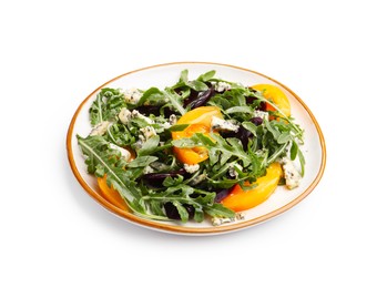 Photo of Tasty salad with arugula, blue cheese and vegetables isolated on white