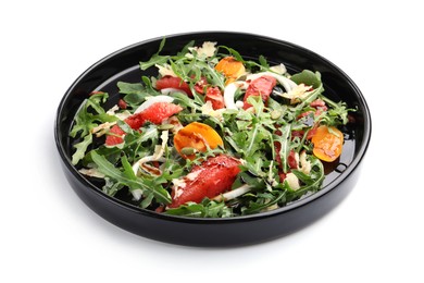 Photo of Tasty salad with arugula, cheese, grapefruit, vegetable and balsamic sauce isolated on white