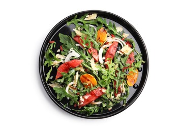 Photo of Tasty salad with arugula, cheese, grapefruit, vegetable and balsamic sauce isolated on white, top view