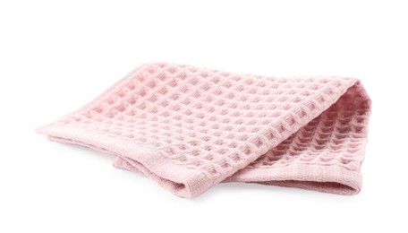 Photo of Clean pink waffle towel isolated on white