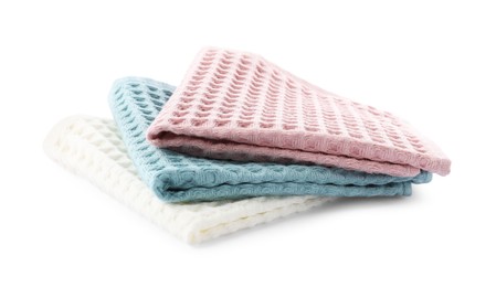 Photo of Clean colorful waffle towels isolated on white