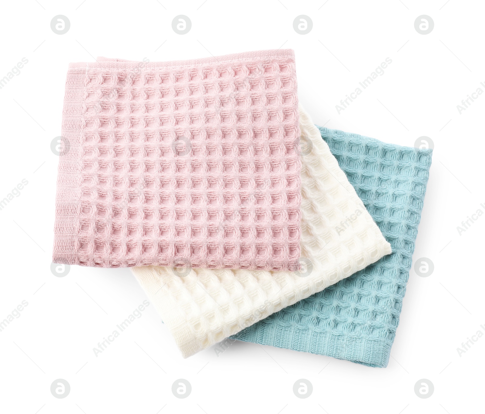 Photo of Clean colorful waffle towels isolated on white, top view