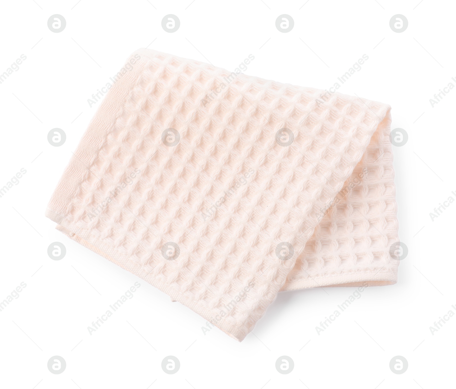 Photo of Clean pink waffle towel isolated on white, top view
