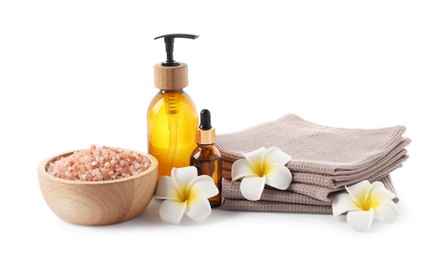 Photo of Spa composition with waffle towels and cosmetic products isolated on white