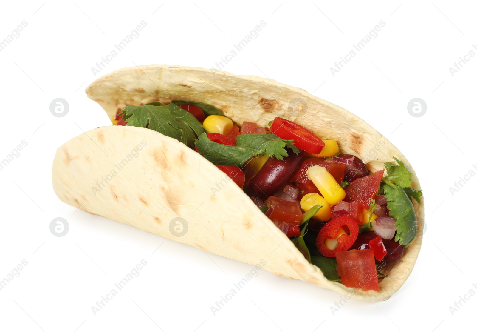 Photo of Tasty vegetarian taco with beans and vegetables isolated on white