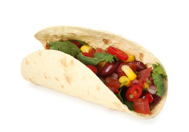 Photo of Tasty vegetarian taco with beans and vegetables isolated on white