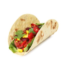Photo of Tasty vegetarian taco with beans and vegetables isolated on white