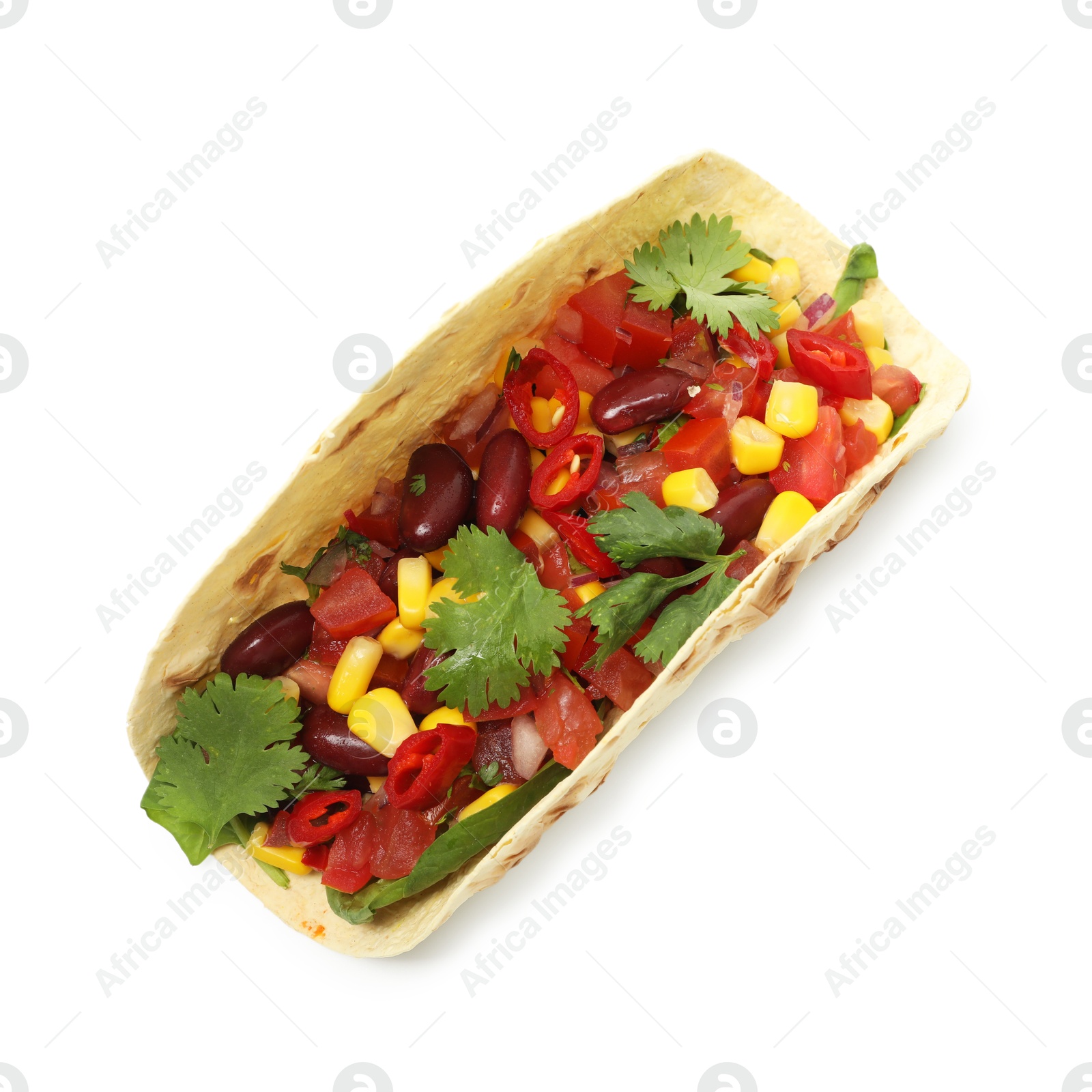 Photo of Tasty vegetarian taco with beans and vegetables isolated on white, top view