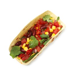 Photo of Tasty vegetarian taco with beans and vegetables isolated on white, top view