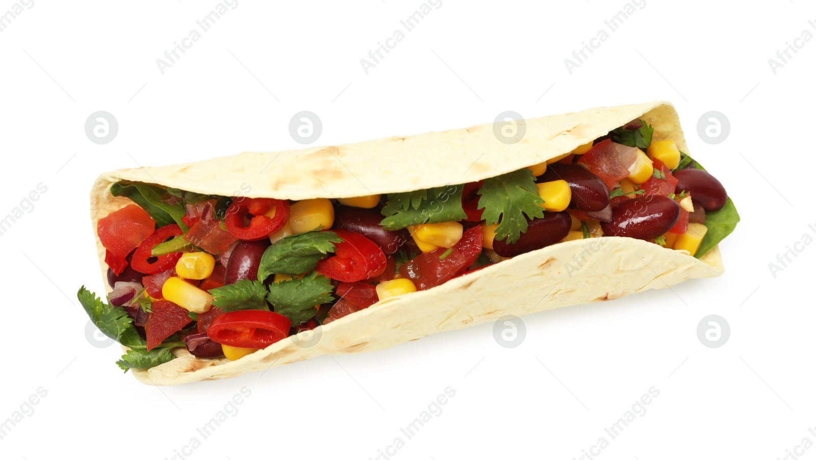 Photo of Tasty vegetarian taco with beans and vegetables isolated on white, top view