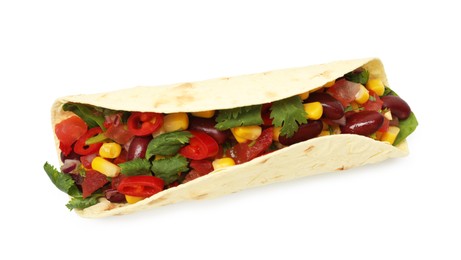 Photo of Tasty vegetarian taco with beans and vegetables isolated on white, top view